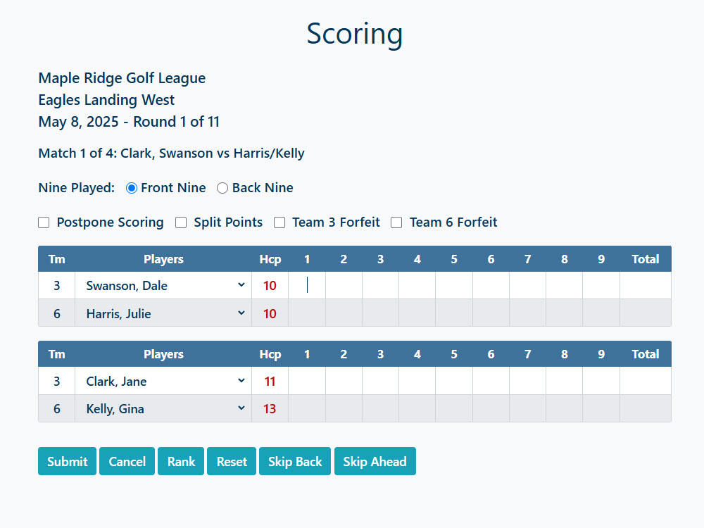 Golf League Scoring Page